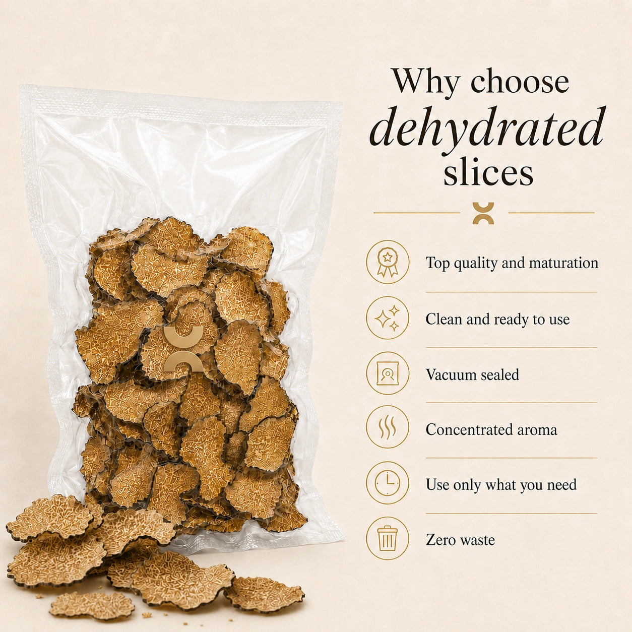 Dried Tuber aestivum truffle slices with product details for chefs restaurants and distributors