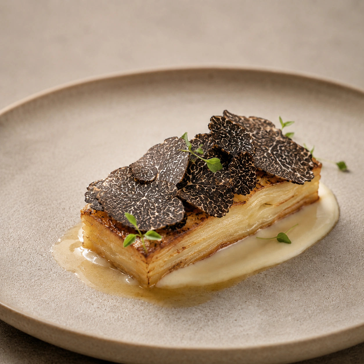 Fresh Winter Black Truffle shaved on gourmet dish for chefs and restaurant tasting menus